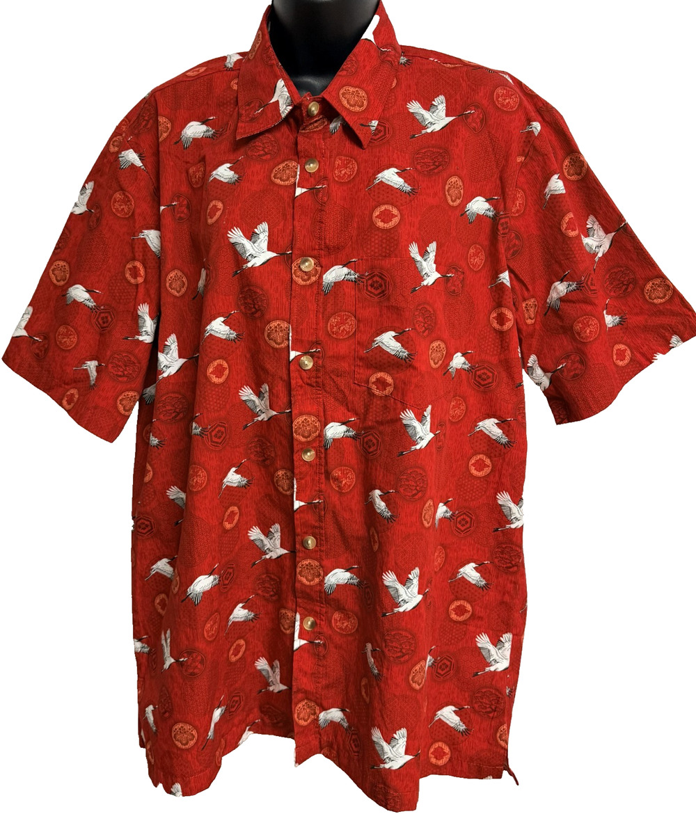 Two Paddles Aloha Shirt Mens Large Red Flying Cranes Print Short Sleeve Hawaiian